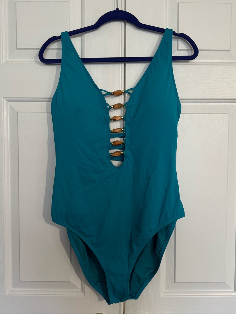 Bleu Rod Beattie Teal One-Piece Swimsuit with Front Lattice and Bead Accents